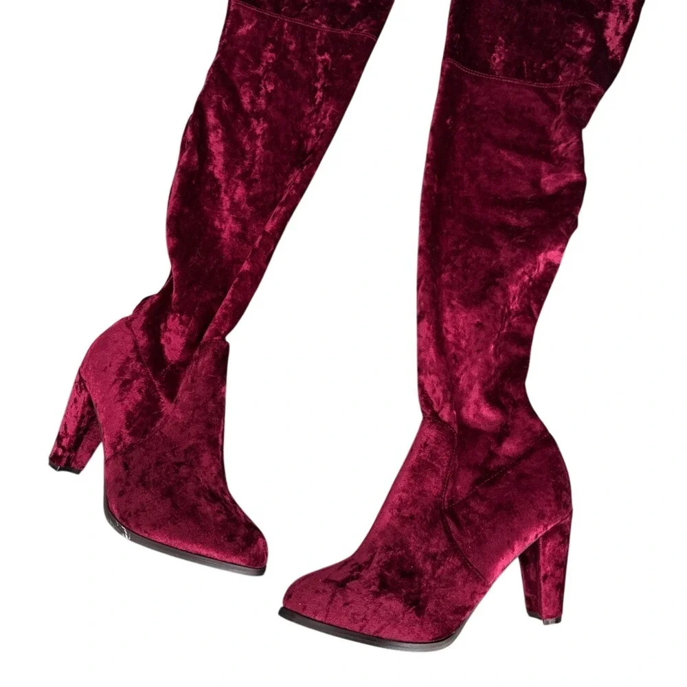 Catherine Malandrino Over‎ The Knee Velvet Boots Burgundy Tie Back Heeled 7.5